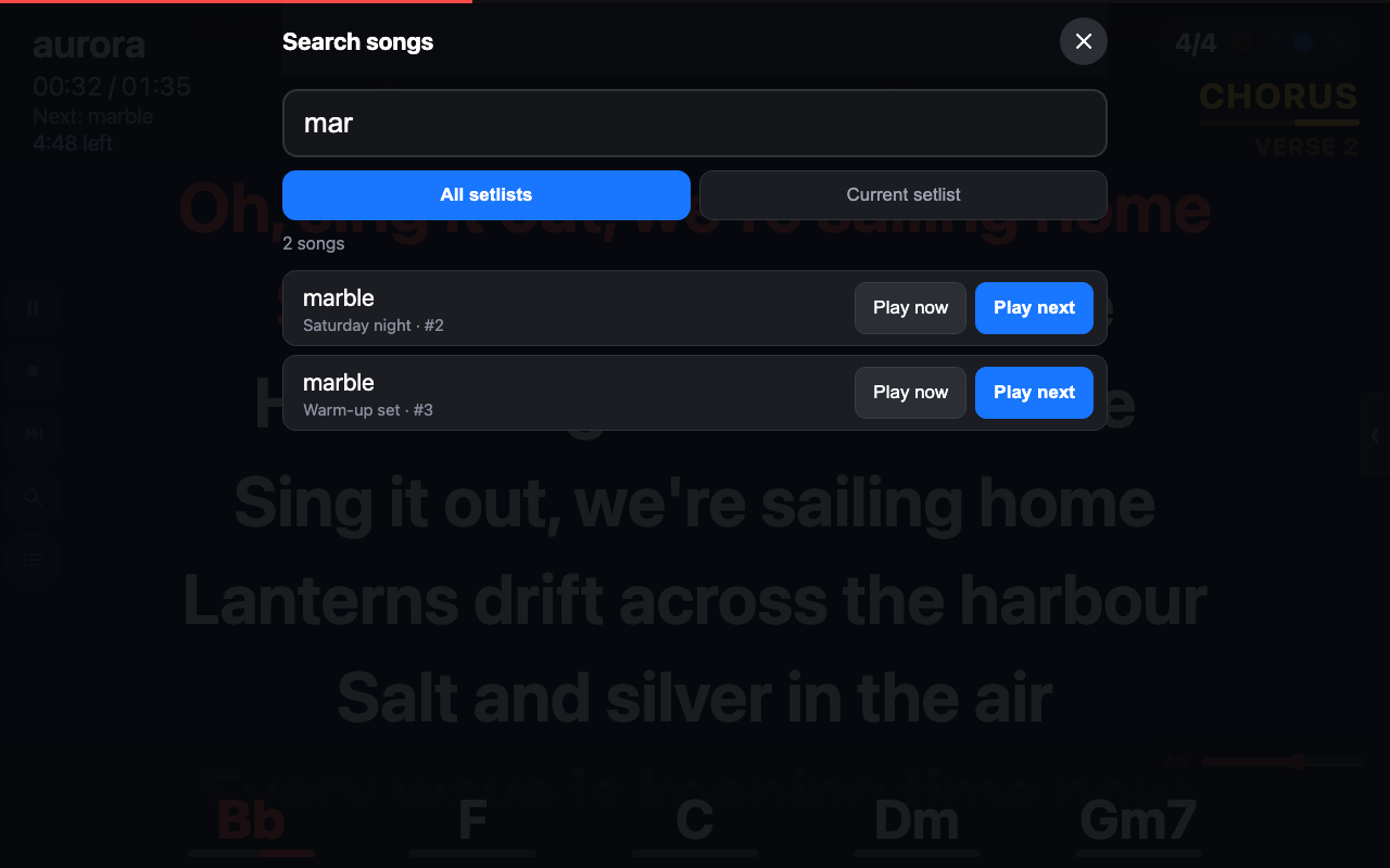The search screen with Play now and Play next