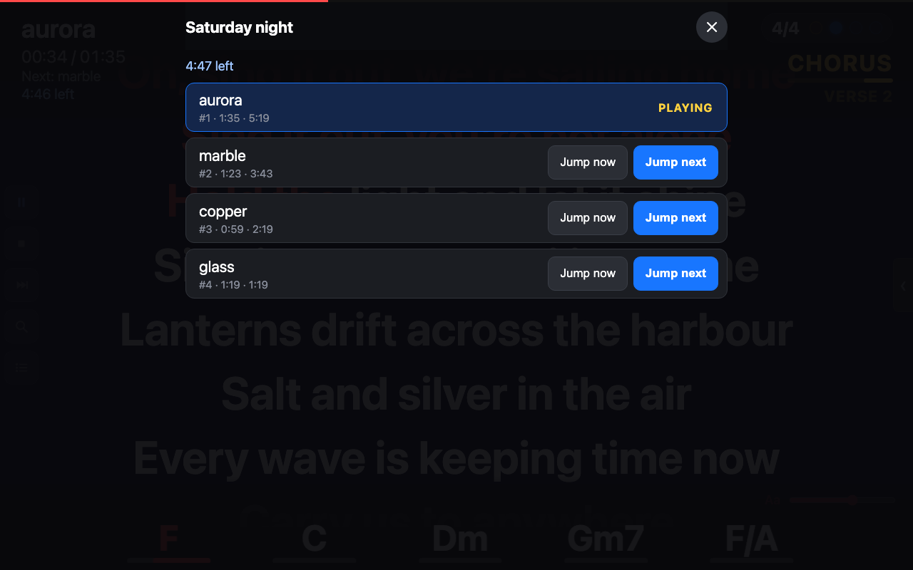 The setlist screen with Jump now and Jump next