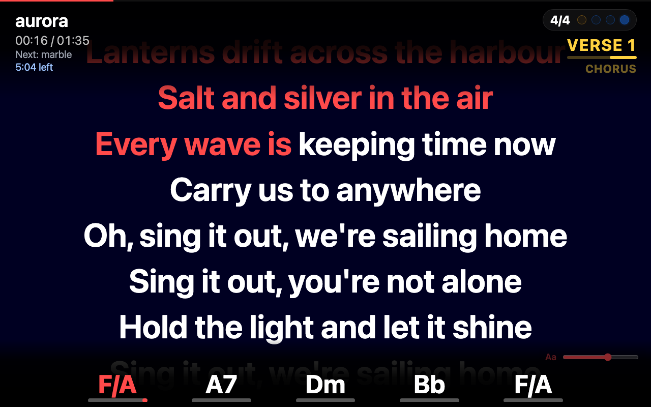Lyrics, chords, section and beat counter on a tablet